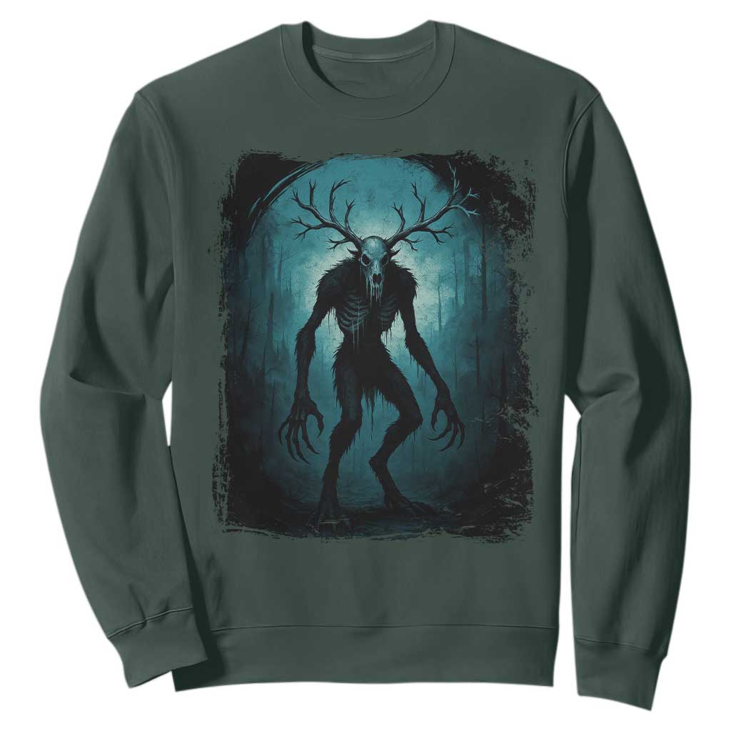 Wendigo Monster Skinwalker Mythical Cryptid Dark Forest Sweatshirt TS11 Dark Forest Green Print Your Wear