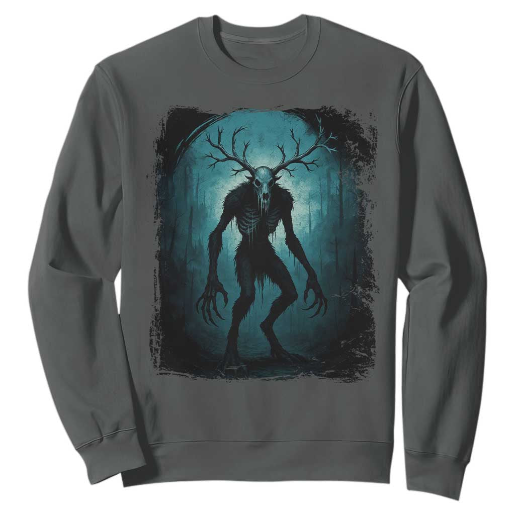 Wendigo Monster Skinwalker Mythical Cryptid Dark Forest Sweatshirt TS11 Dark Heather Print Your Wear