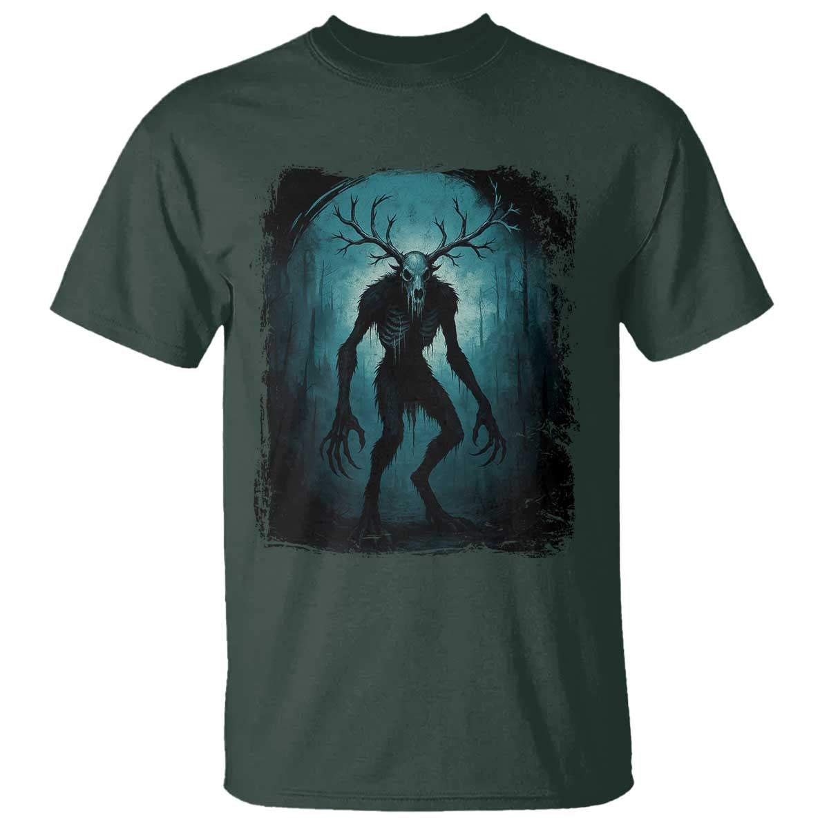 Wendigo Monster T Shirt - Skinwalker Mythical Cryptid Dark Forest Horror Tee TS11 Dark Forest Green Print Your Wear