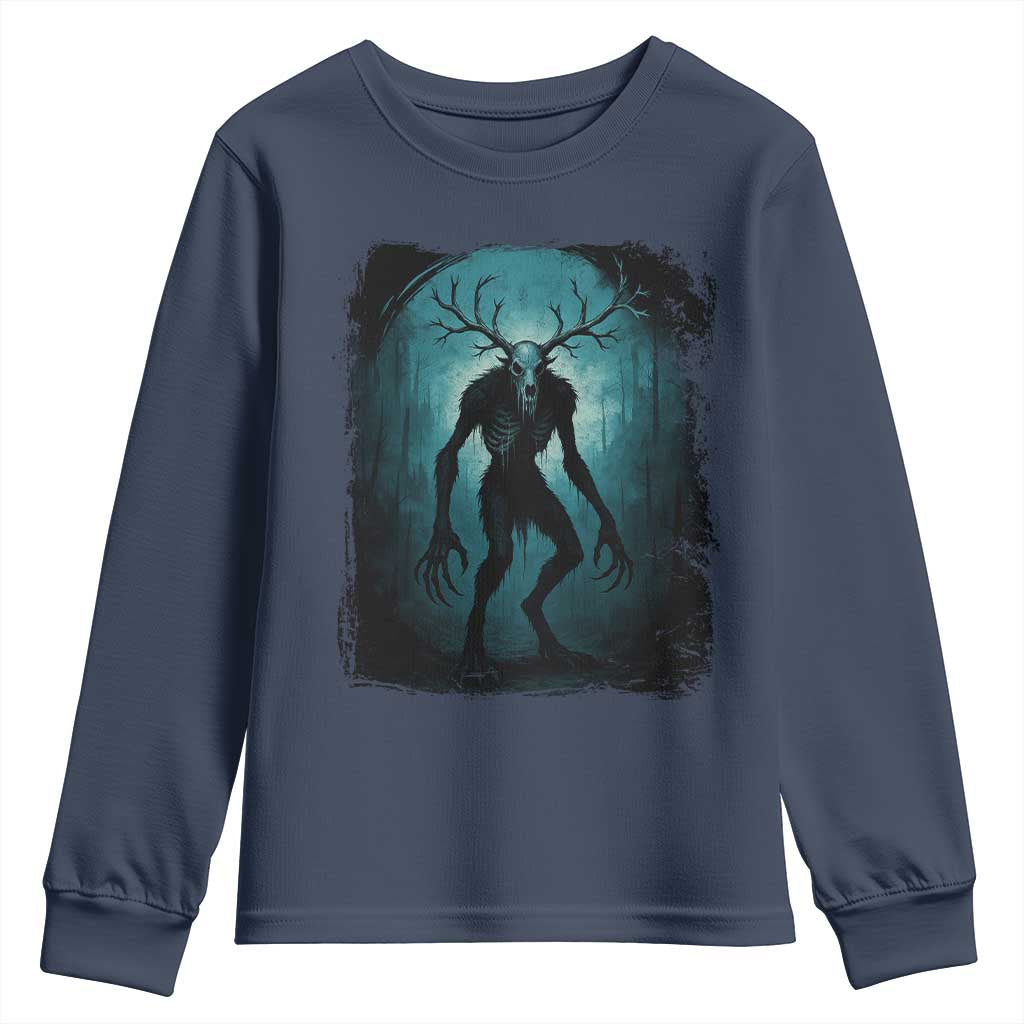 Wendigo Monster Skinwalker Mythical Cryptid Dark Forest Youth Sweatshirt TS11 Navy Print Your Wear