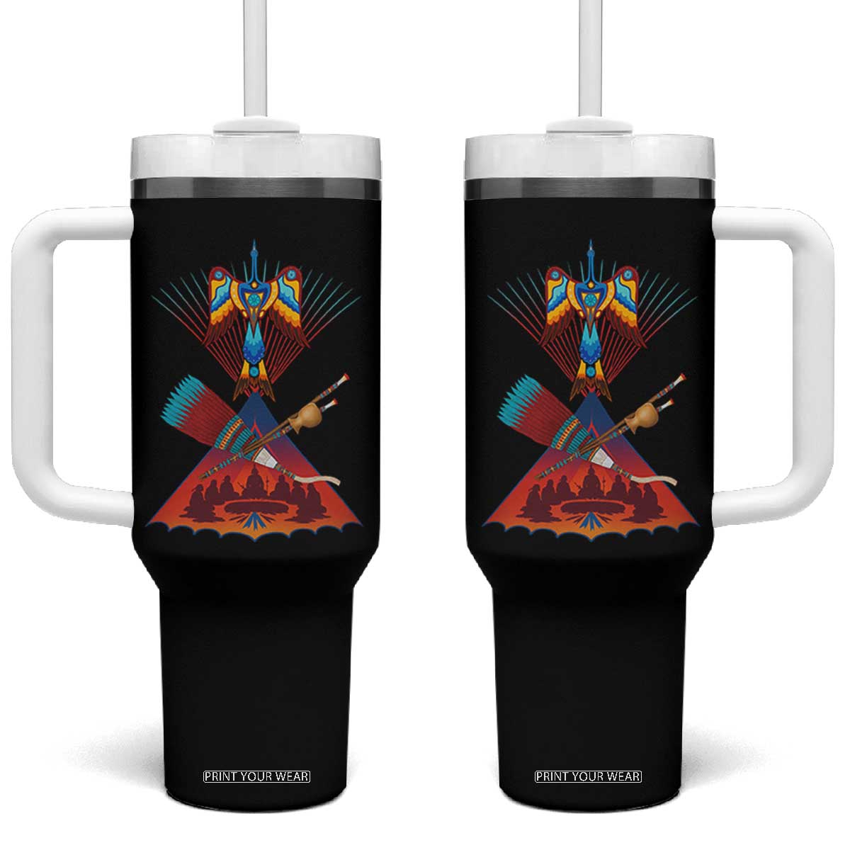 Native American Indigenous Heritage Peyote Water Bird Tumbler With Handle TS11 One Size: 40 oz Black Print Your Wear