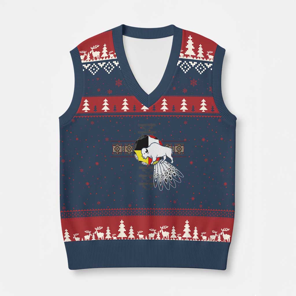 Native American White Buffalo V-Neck Knit Sweater Vest Seven Sacred Grandfather Teachings TS11 Navy Red Print Your Wear