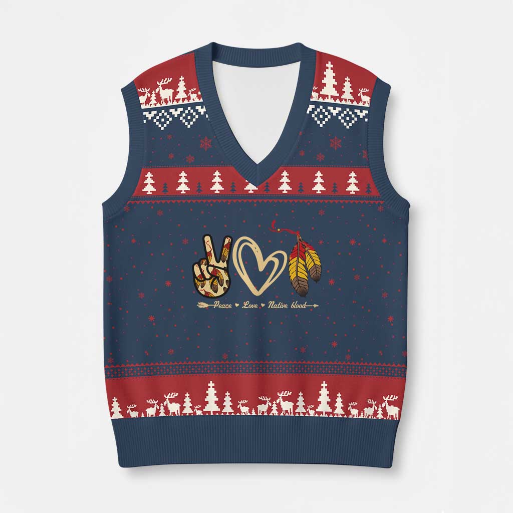 Peace Love Native Blood V-Neck Knit Sweater Vest Native American Feathers TS11 Navy Red Print Your Wear