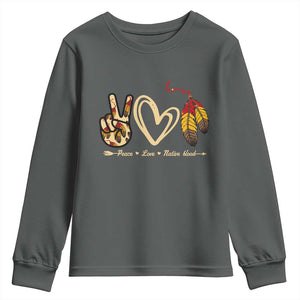 Peace Love Native Blood Youth Sweatshirt Native American Feathers TS11 Dark Heather Print Your Wear