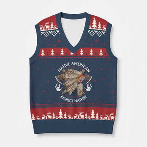 Native American Respect Nature V-Neck Knit Sweater Vest Indigenous Indian War Bonnet Tomahawks - Print Your Wear