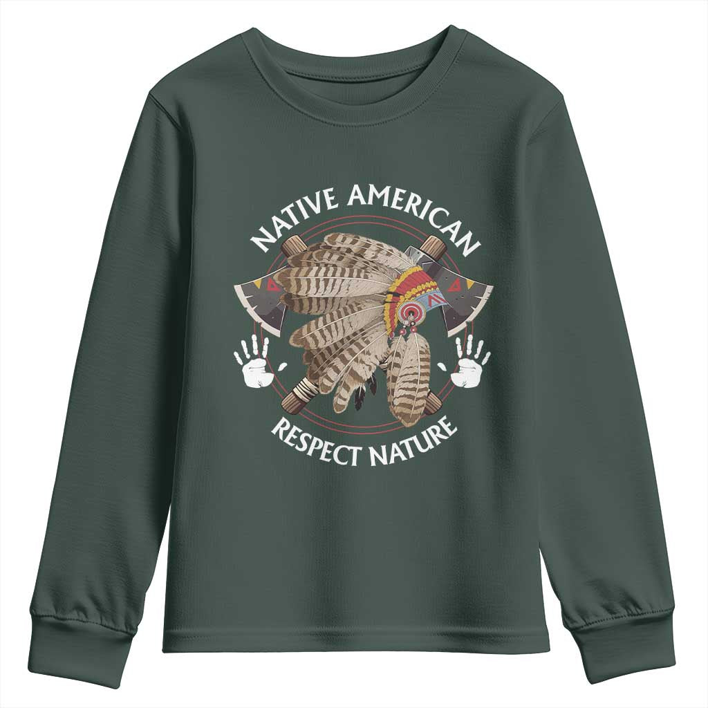 Native American Respect Nature Youth Sweatshirt Indigenous Indian War Bonnet Tomahawks TS11 Dark Forest Green Print Your Wear