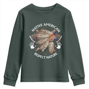 Native American Respect Nature Youth Sweatshirt Indigenous Indian War Bonnet Tomahawks TS11 Dark Forest Green Print Your Wear