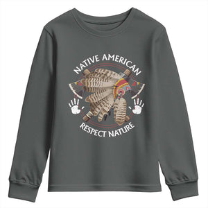 Native American Respect Nature Youth Sweatshirt Indigenous Indian War Bonnet Tomahawks TS11 Dark Heather Print Your Wear