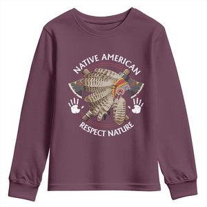 Native American Respect Nature Youth Sweatshirt Indigenous Indian War Bonnet Tomahawks TS11 Maroon Print Your Wear