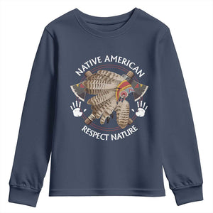 Native American Respect Nature Youth Sweatshirt Indigenous Indian War Bonnet Tomahawks TS11 Navy Print Your Wear