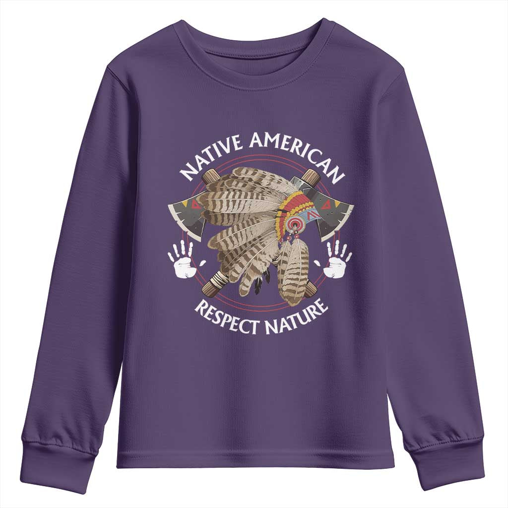 Native American Respect Nature Youth Sweatshirt Indigenous Indian War Bonnet Tomahawks TS11 Purple Print Your Wear