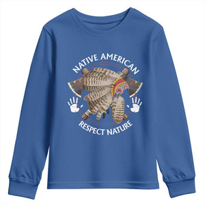 Native American Respect Nature Youth Sweatshirt Indigenous Indian War Bonnet Tomahawks TS11 Royal Blue Print Your Wear