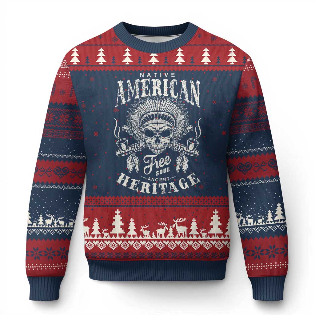 Native American Free Soul Ancient Heritage Ugly Christmas Sweater Vintage Indian American Chief TS11 Navy Red Print Your Wear