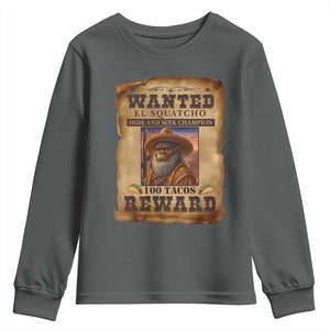 Funny Wanted El Squatcho Youth Sweatshirt Hide And Seek Champion Western Poncho Mexican Bigfoot TS11 Dark Heather Print Your Wear