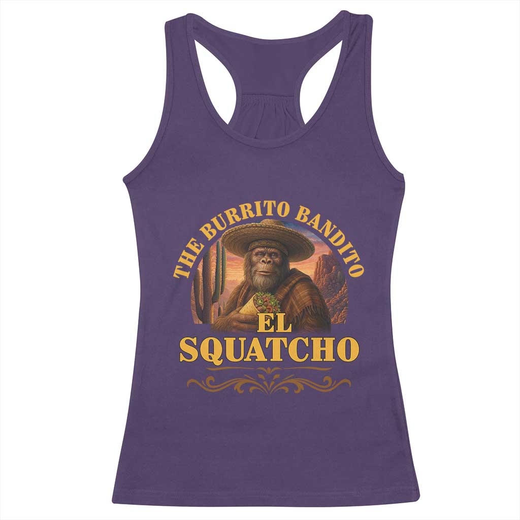 Funny The Burrito Bandito El Squatcho Racerback Tank Top Western Poncho Mexican Bigfoot TS11 Purple Print Your Wear