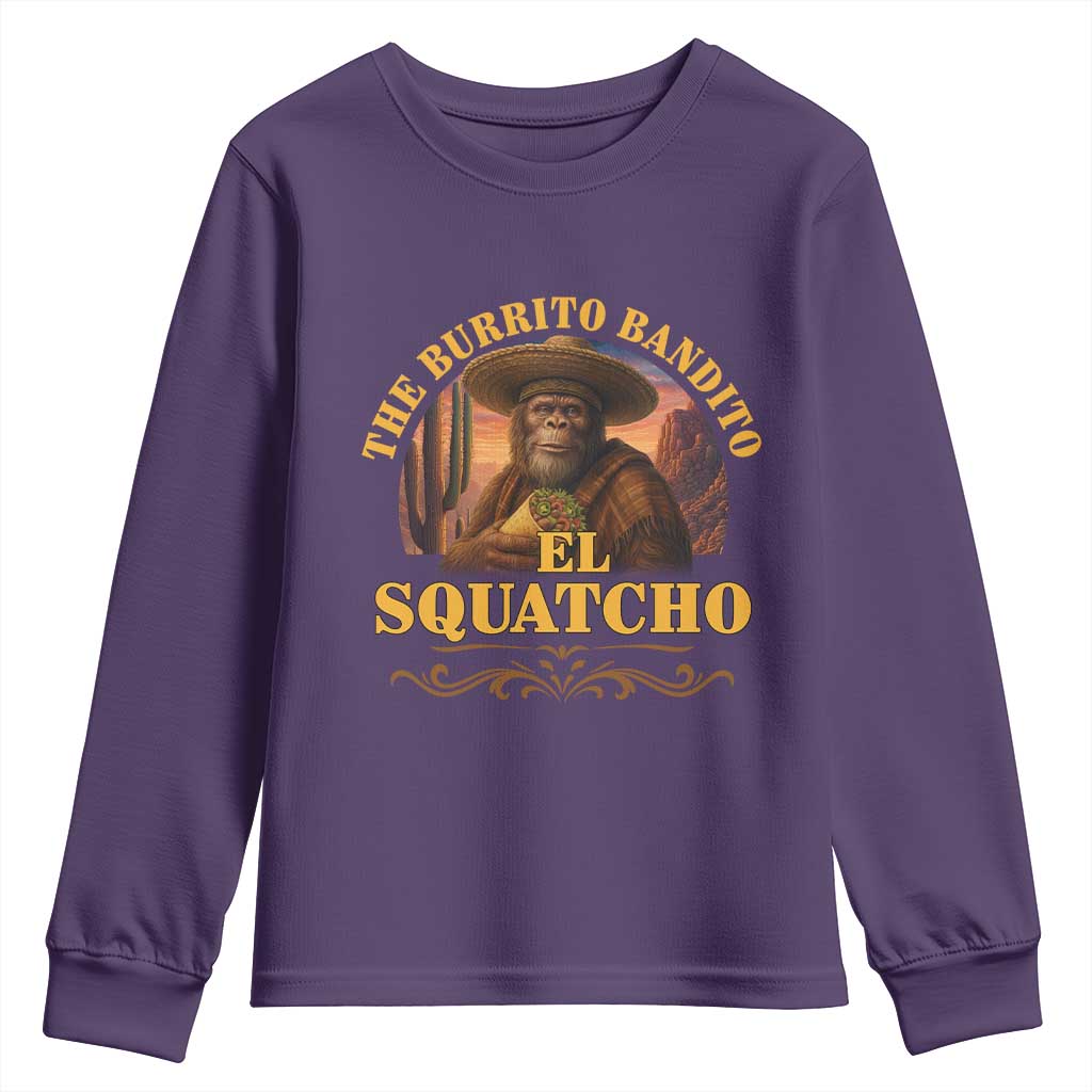 Funny The Burrito Bandito El Squatcho Youth Sweatshirt Western Poncho Mexican Bigfoot TS11 Purple Print Your Wear
