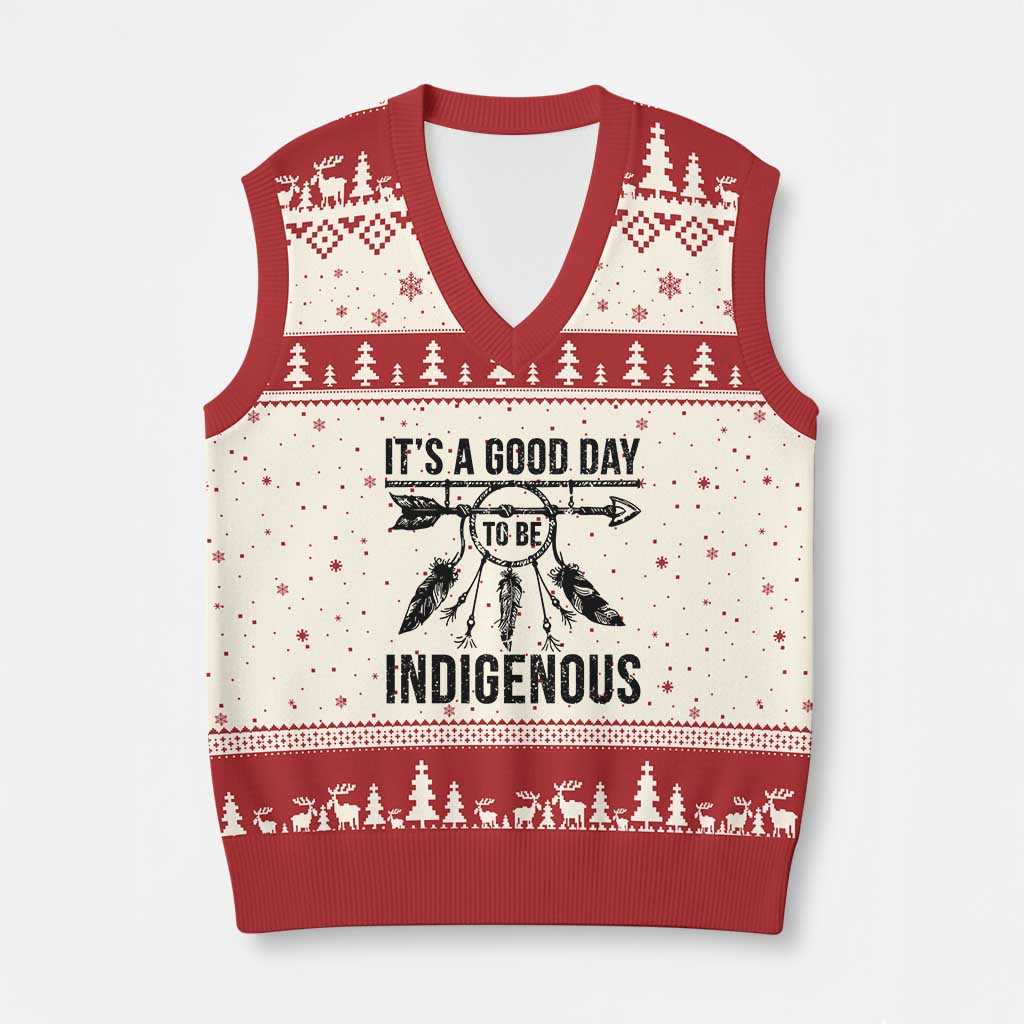 Native American Its A Good Day To Be Indigenous V-Neck Knit Sweater Vest Dreamcatcher Feathers TS11 Beige Red Print Your Wear