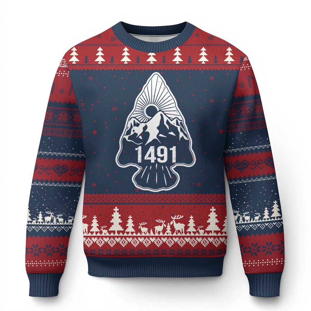 Proud Native American 1491 Pre Columbus Indigenous Arrowhead Ugly Christmas Sweater TS11 Navy Red Print Your Wear