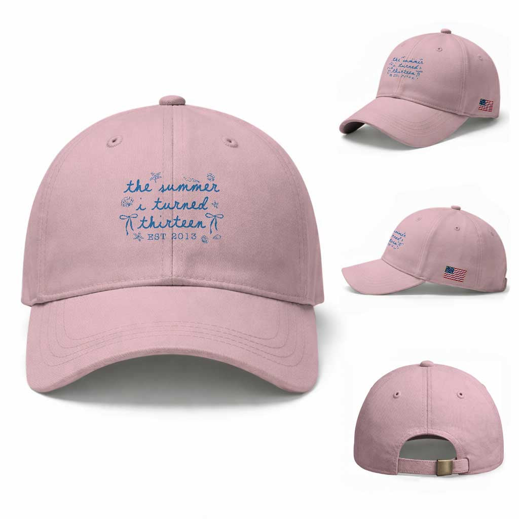 The Summer I Turned Thirteen Funny 13th Birthday Est 2013 Baseball Cap Summer Coastal Birthday Seashell Bow