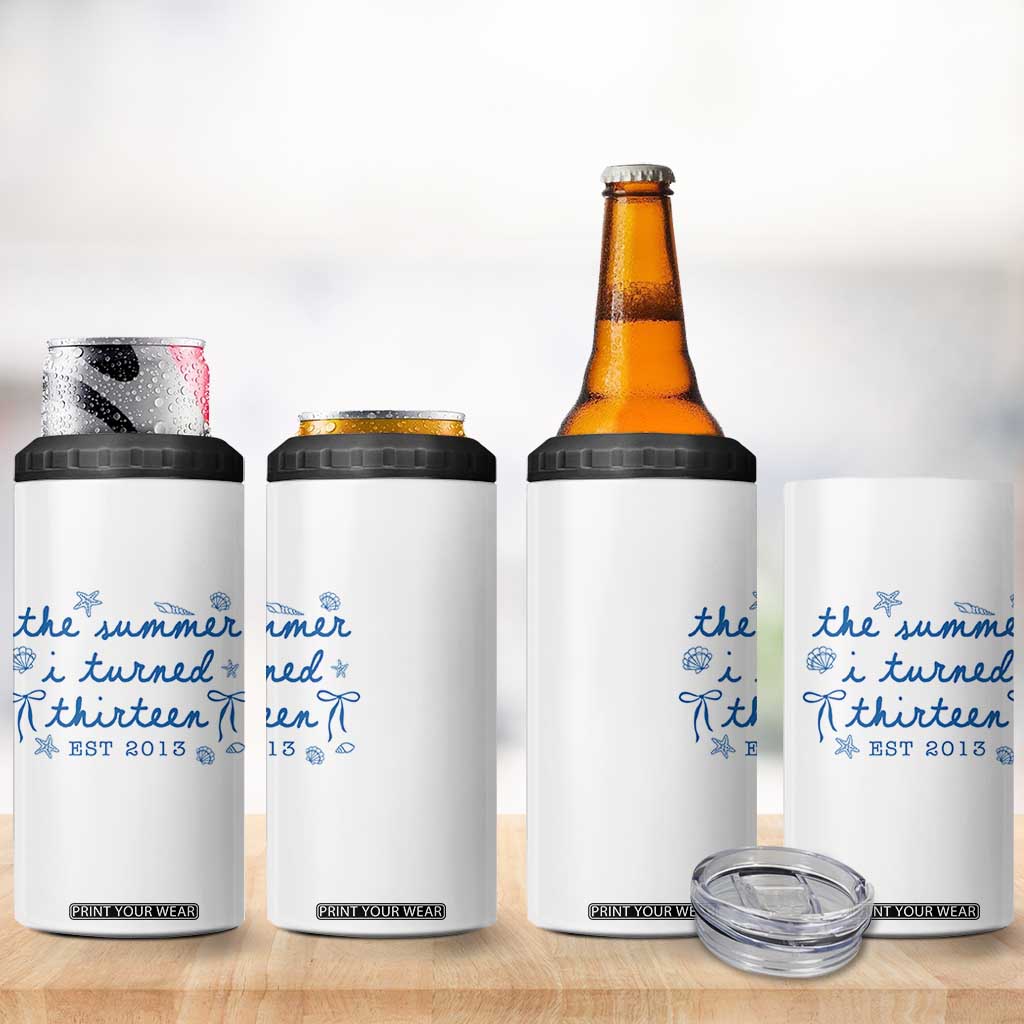 The Summer I Turned Thirteen Funny 13th Birthday Est 2013 4 in 1 Can Cooler Tumbler Summer Coastal Birthday Seashell Bow