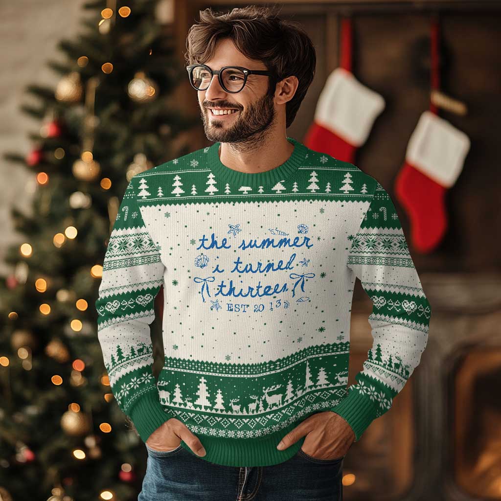 The Summer I Turned Thirteen Funny 13th Birthday Est 2013 Ugly Christmas Sweater Summer Coastal Birthday Seashell Bow