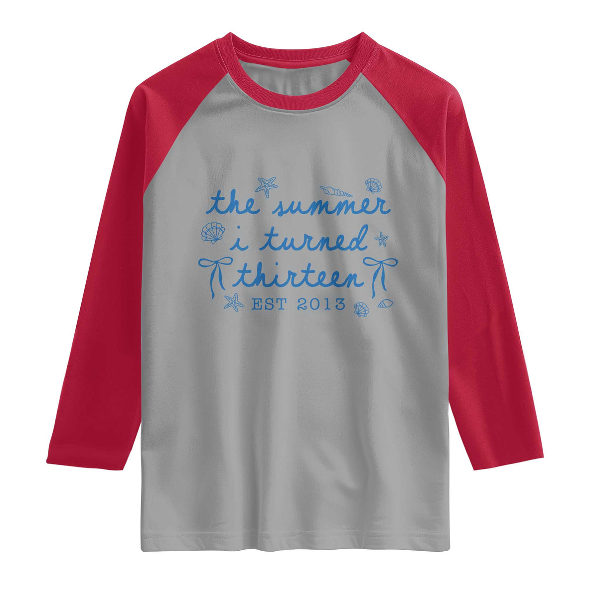The Summer I Turned Thirteen Funny 13th Birthday Est 2013 Raglan Shirt Summer Coastal Birthday Seashell Bow