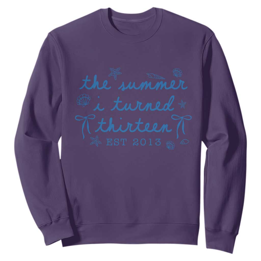 The Summer I Turned Thirteen Funny 13th Birthday Est 2013 Sweatshirt Summer Coastal Birthday Seashell Bow