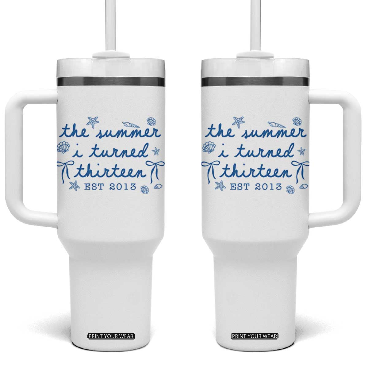 The Summer I Turned Thirteen Funny 13th Birthday Est 2013 Tumbler With Handle Summer Coastal Birthday Seashell Bow