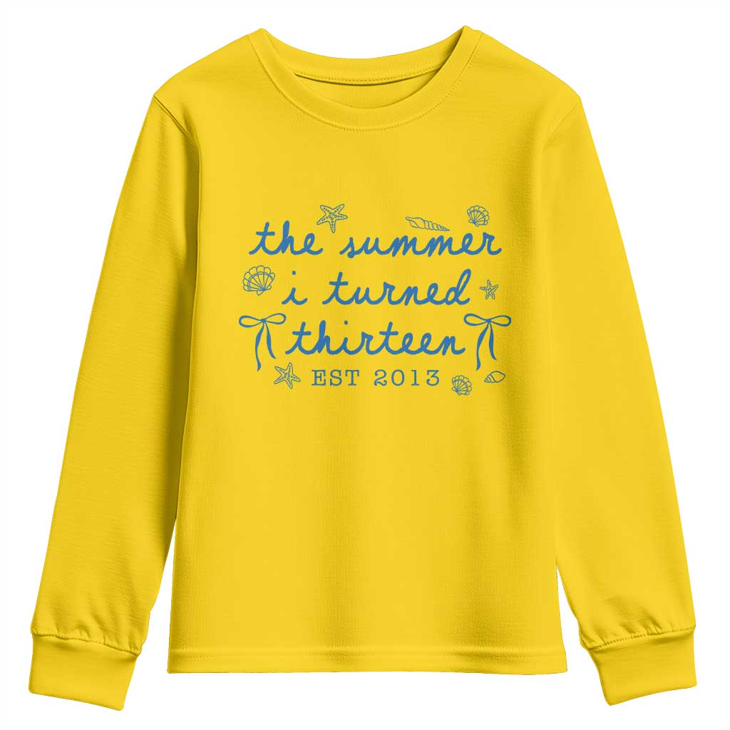 The Summer I Turned Thirteen Funny 13th Birthday Est 2013 Youth Sweatshirt Summer Coastal Birthday Seashell Bow