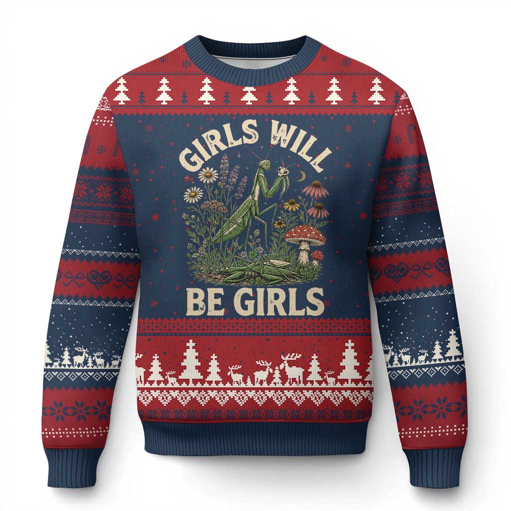 Girls Will Be Will Girls Praying Mantis Feminist Entomologist Ugly Christmas Sweater TS11 Navy Red Print Your Wear