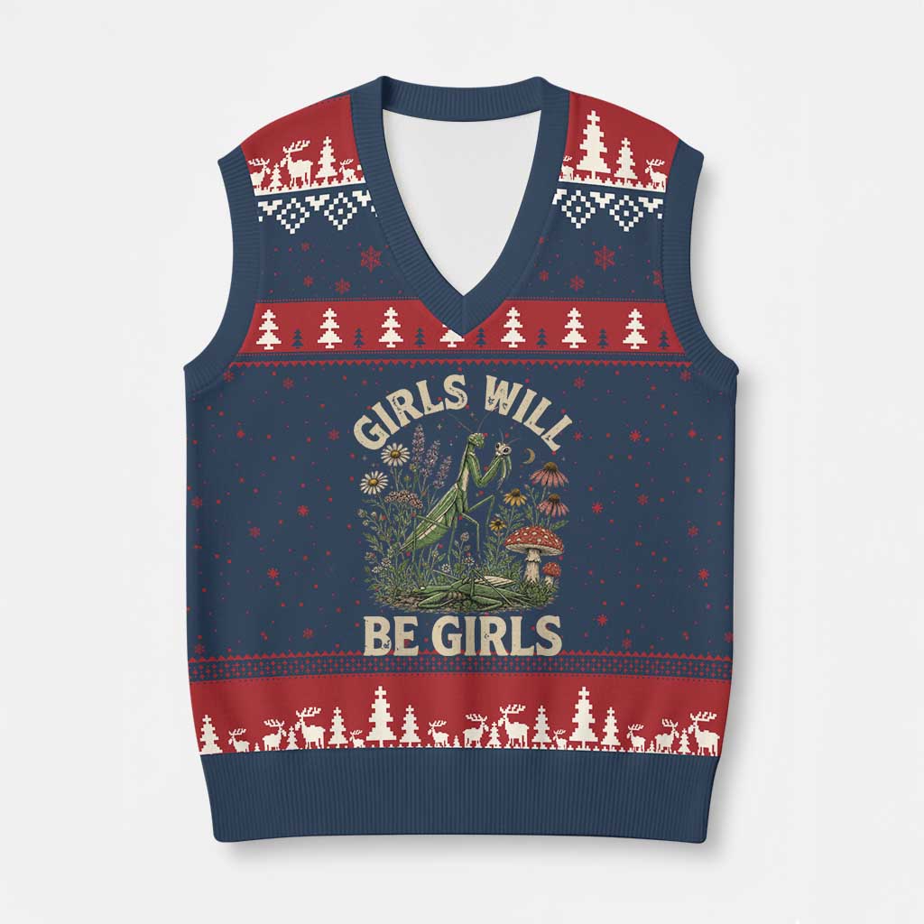 Girls Will Be Will Girls Praying Mantis Feminist Entomologist V-Neck Knit Sweater Vest TS11 Navy Red Print Your Wear