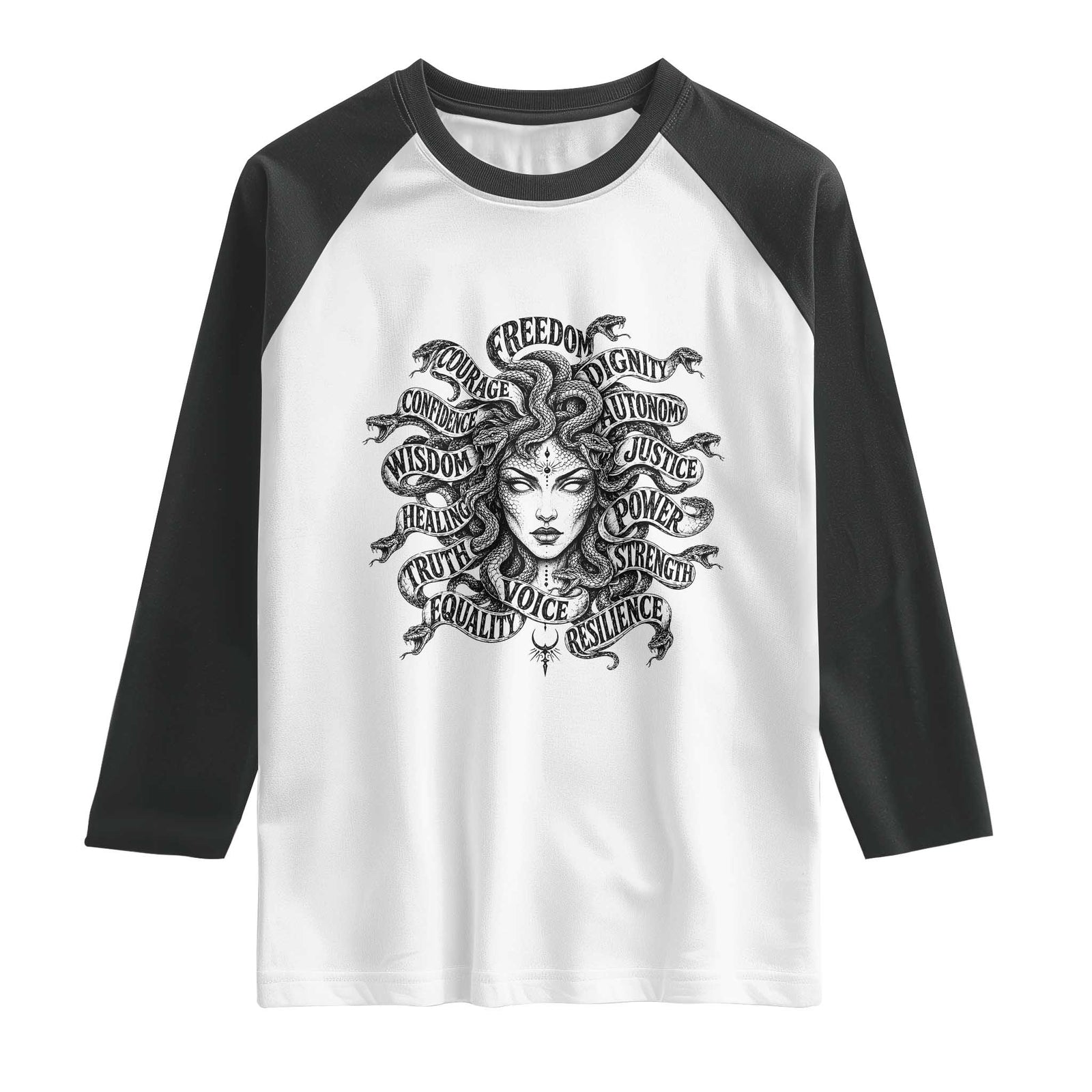 Feminist Medusa Power Snake Wisdom Equality Goth Raglan Shirt TS11 White Black Print Your Wear
