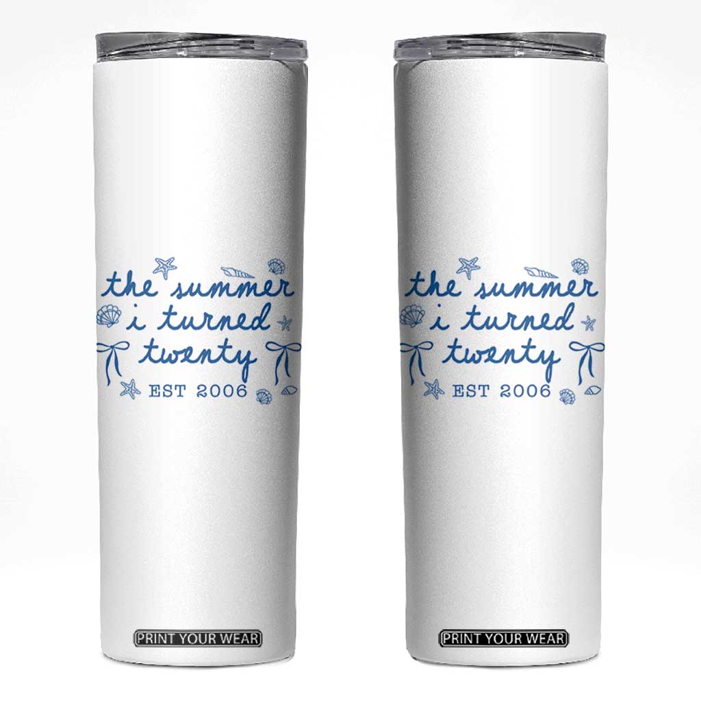 The Summer I Turned Thirty Funny 30th Birthday Est 1996 Skinny Tumbler Summer Coastal Birthday Seashell Bow TS11 White Print Your Wear