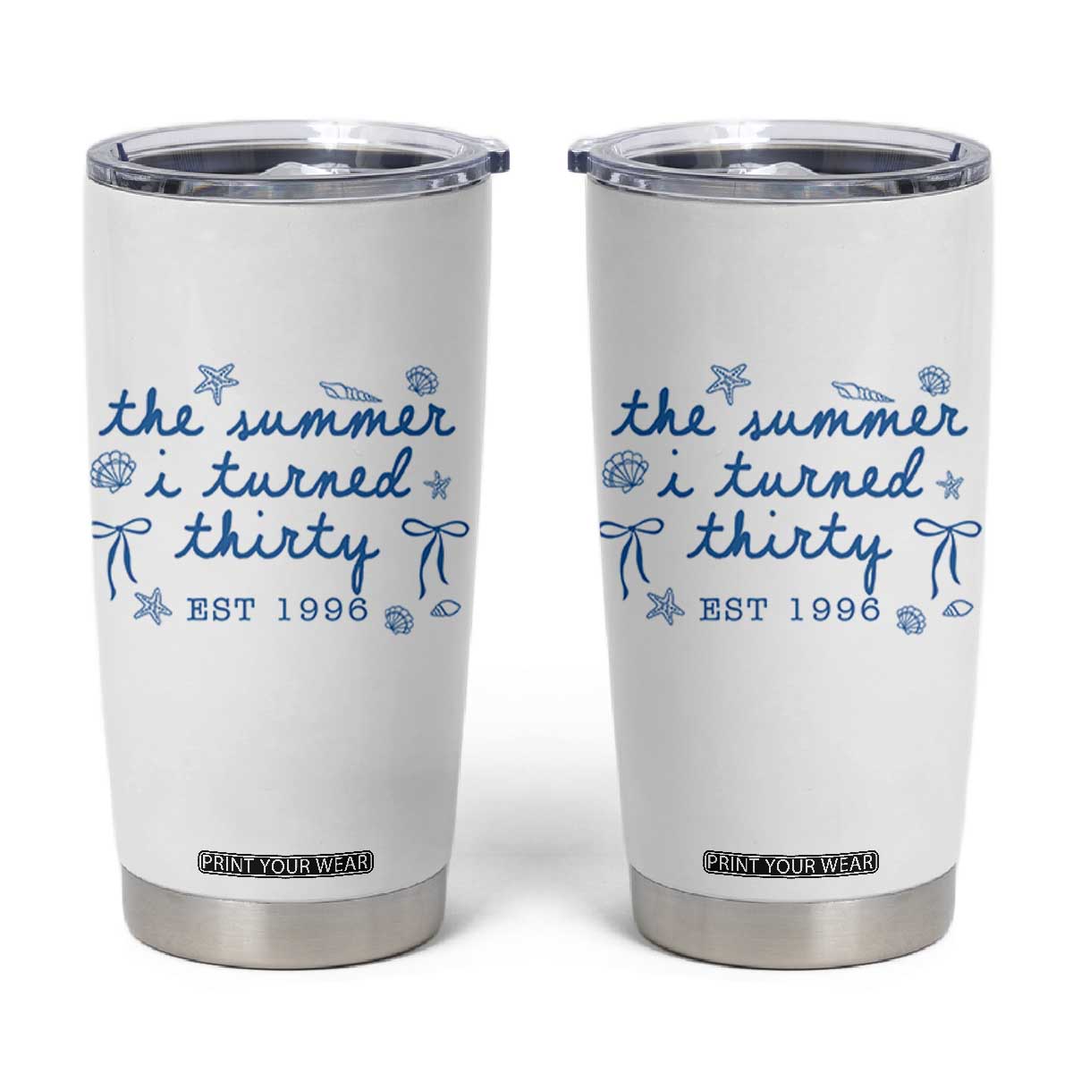 The Summer I Turned Twenty Funny 20th Birthday Est 2006 Tumbler Cup Summer Coastal Birthday Seashell Bow TS11 White Print Your Wear
