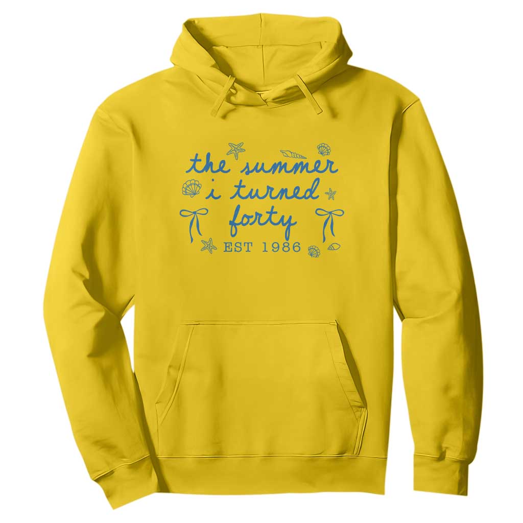 The Summer I Turned Forty Funny 40th Birthday Est 1986 Hoodie Summer Coastal Birthday Seashell Bow