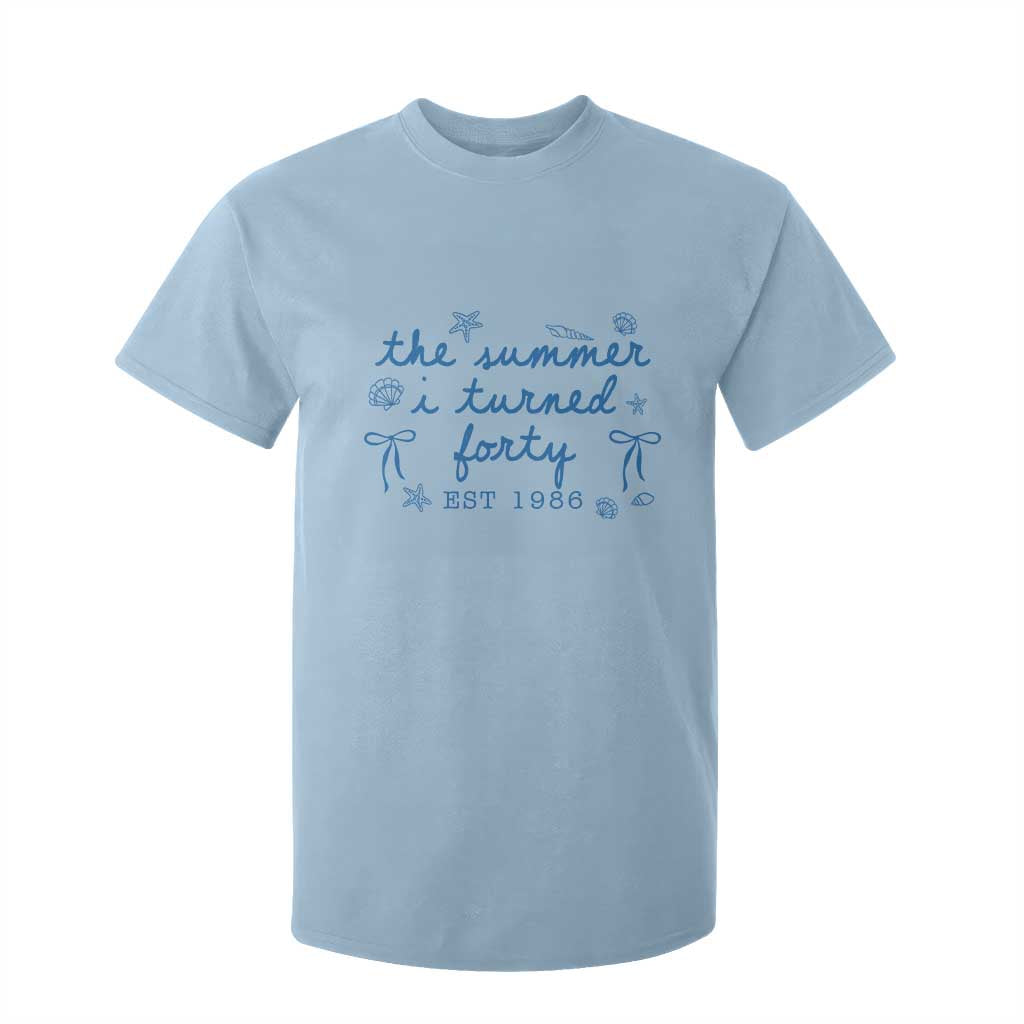 The Summer I Turned Forty Funny 40th Birthday Est 1986 T Shirt For Kid Summer Coastal Birthday Seashell Bow