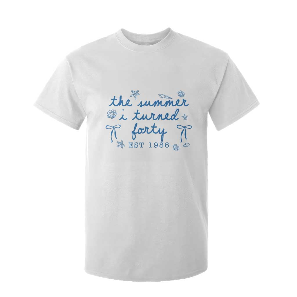 The Summer I Turned Forty Funny 40th Birthday Est 1986 T Shirt For Kid Summer Coastal Birthday Seashell Bow