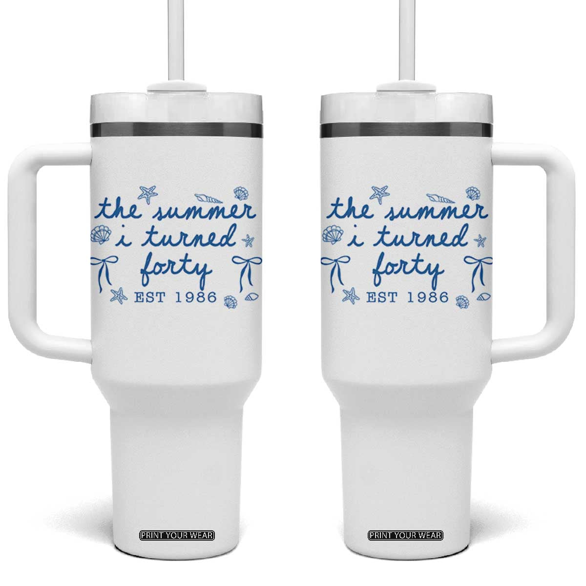 The Summer I Turned Forty Funny 40th Birthday Est 1986 Tumbler With Handle Summer Coastal Birthday Seashell Bow