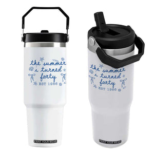 The Summer I Turned Forty Funny 40th Birthday Est 1986 Flip Straw Tumbler Summer Coastal Birthday Seashell Bow