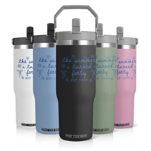 The Summer I Turned Forty Funny 40th Birthday Est 1986 Flip Straw Tumbler Summer Coastal Birthday Seashell Bow