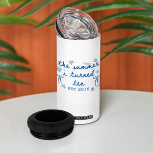 The Summer I Turned Ten Funny 10th Birthday Est 2016 4 in 1 Can Cooler Tumbler Summer Coastal Birthday Seashell Bow
