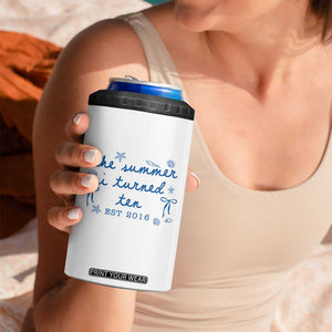 The Summer I Turned Ten Funny 10th Birthday Est 2016 4 in 1 Can Cooler Tumbler Summer Coastal Birthday Seashell Bow