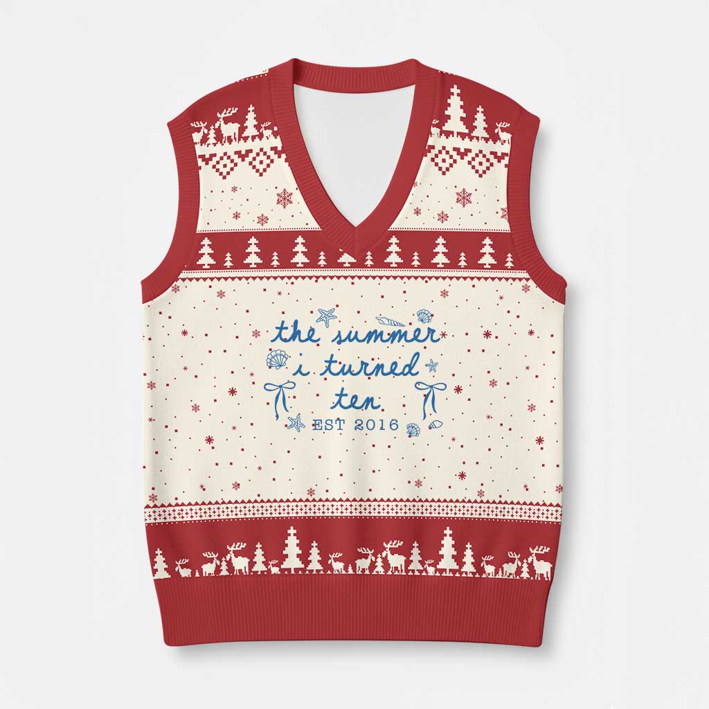 The Summer I Turned Ten Funny 10th Birthday Est 2016 V-Neck Knit Sweater Vest Summer Coastal Birthday Seashell Bow TS11 Beige Red Print Your Wear