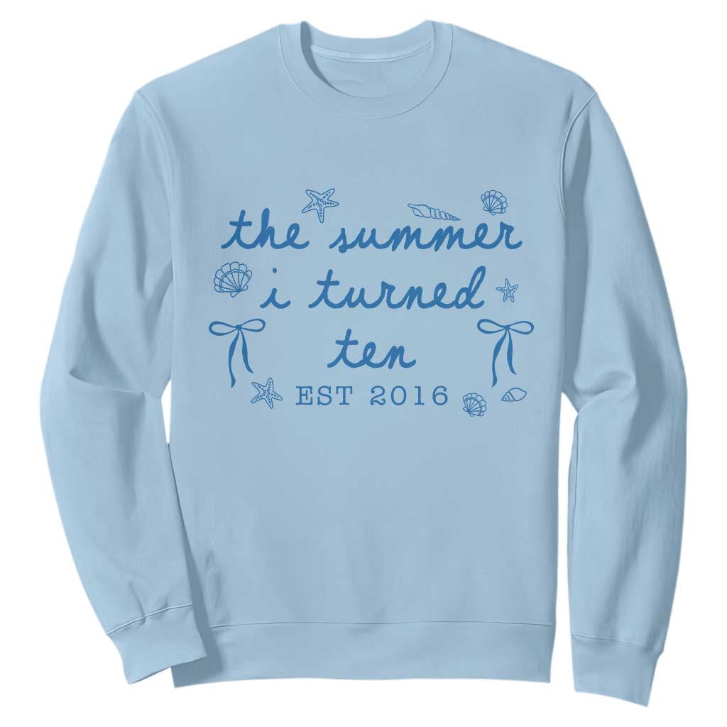 The Summer I Turned Ten Funny 10th Birthday Est 2016 Sweatshirt Summer Coastal Birthday Seashell Bow
