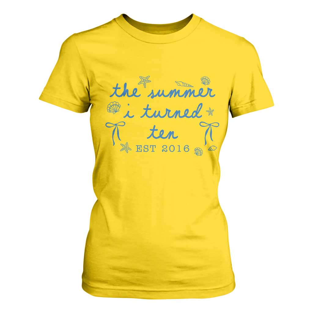 The Summer I Turned Ten Funny 10th Birthday Est 2016 T Shirt For Women Summer Coastal Birthday Seashell Bow