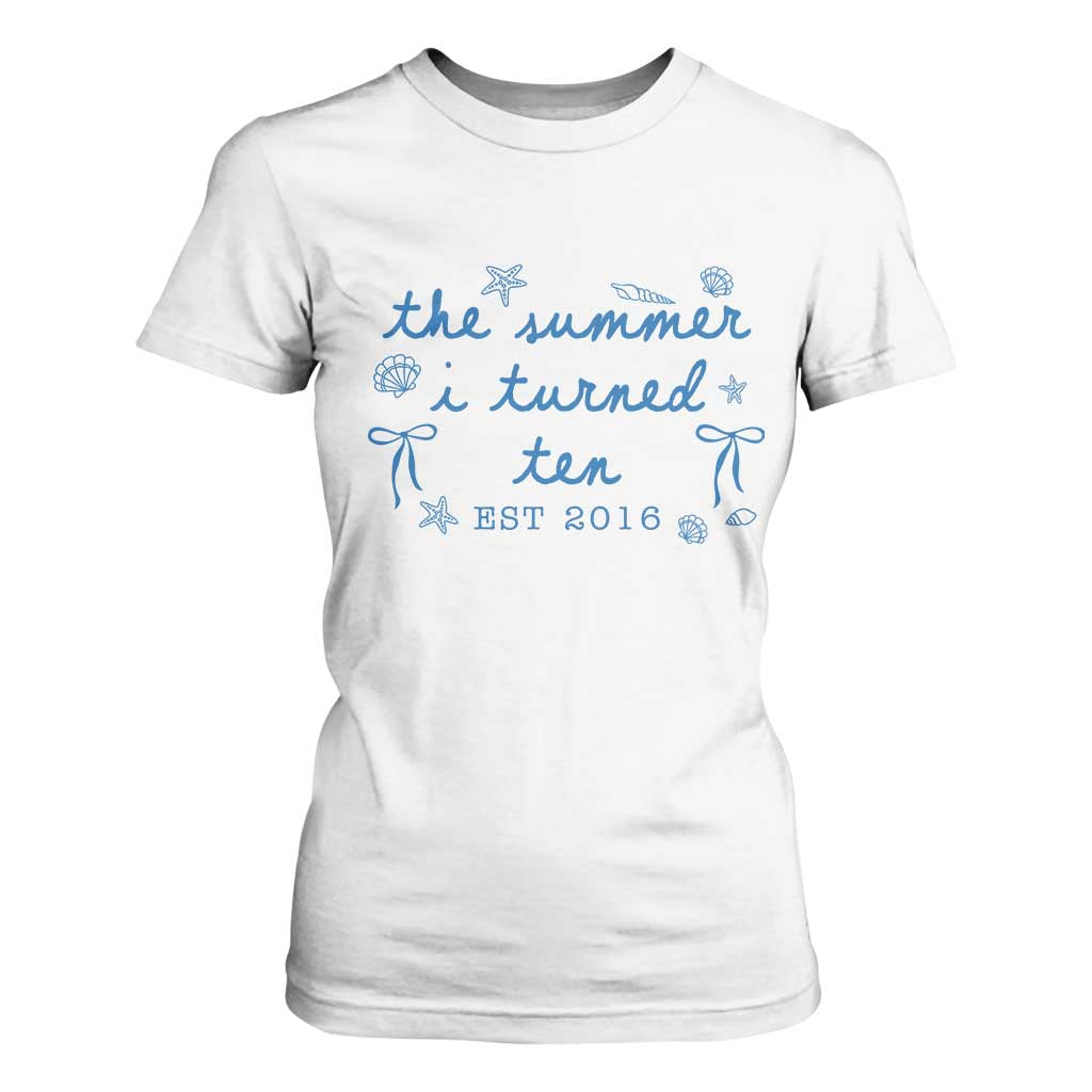 The Summer I Turned Ten Funny 10th Birthday Est 2016 T Shirt For Women Summer Coastal Birthday Seashell Bow