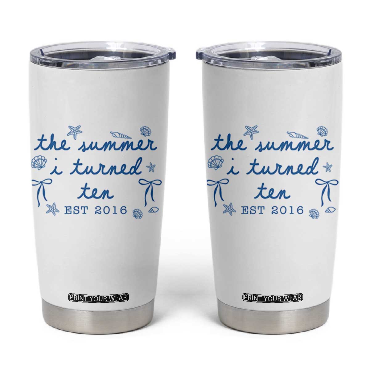 The Summer I Turned Ten Funny 10th Birthday Est 2016 Tumbler Cup Summer Coastal Birthday Seashell Bow