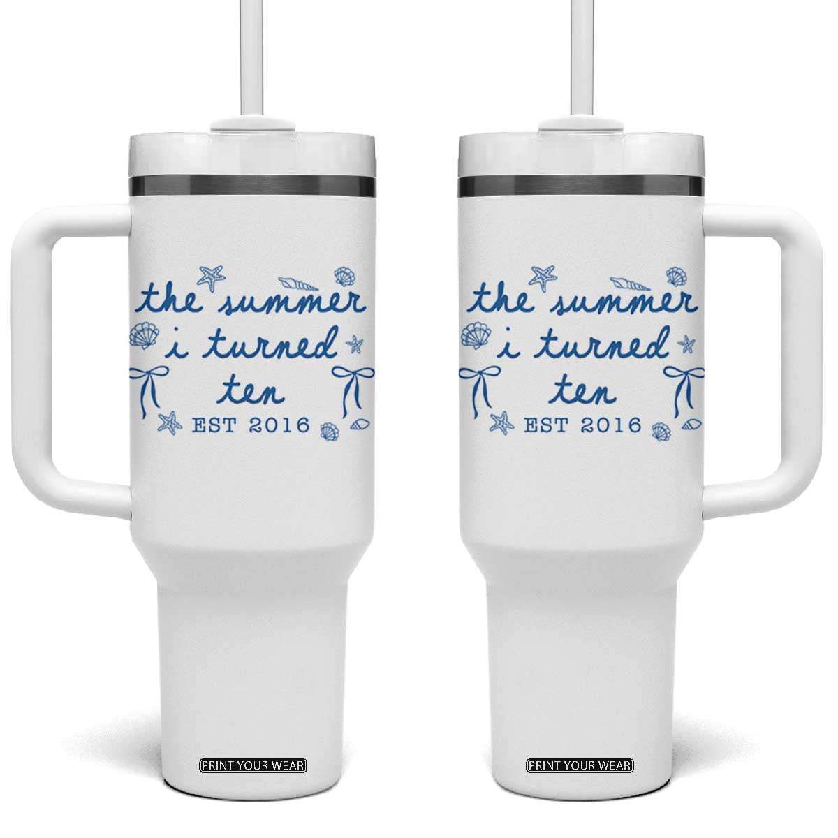 The Summer I Turned Ten Funny 10th Birthday Est 2016 Tumbler With Handle Summer Coastal Birthday Seashell Bow