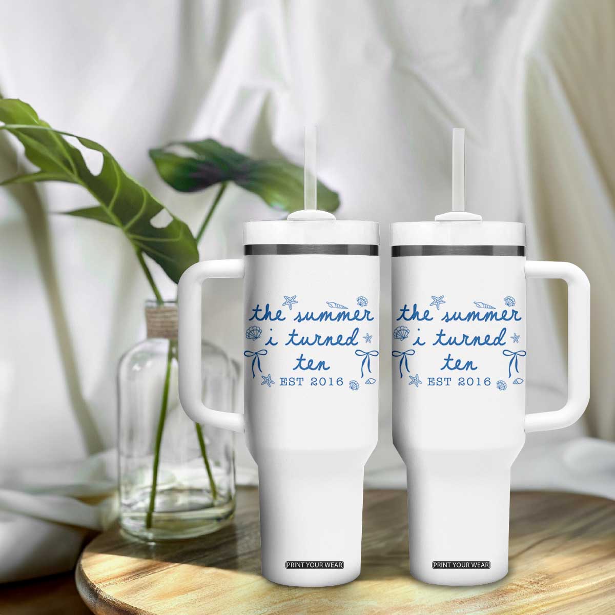 The Summer I Turned Ten Funny 10th Birthday Est 2016 Tumbler With Handle Summer Coastal Birthday Seashell Bow