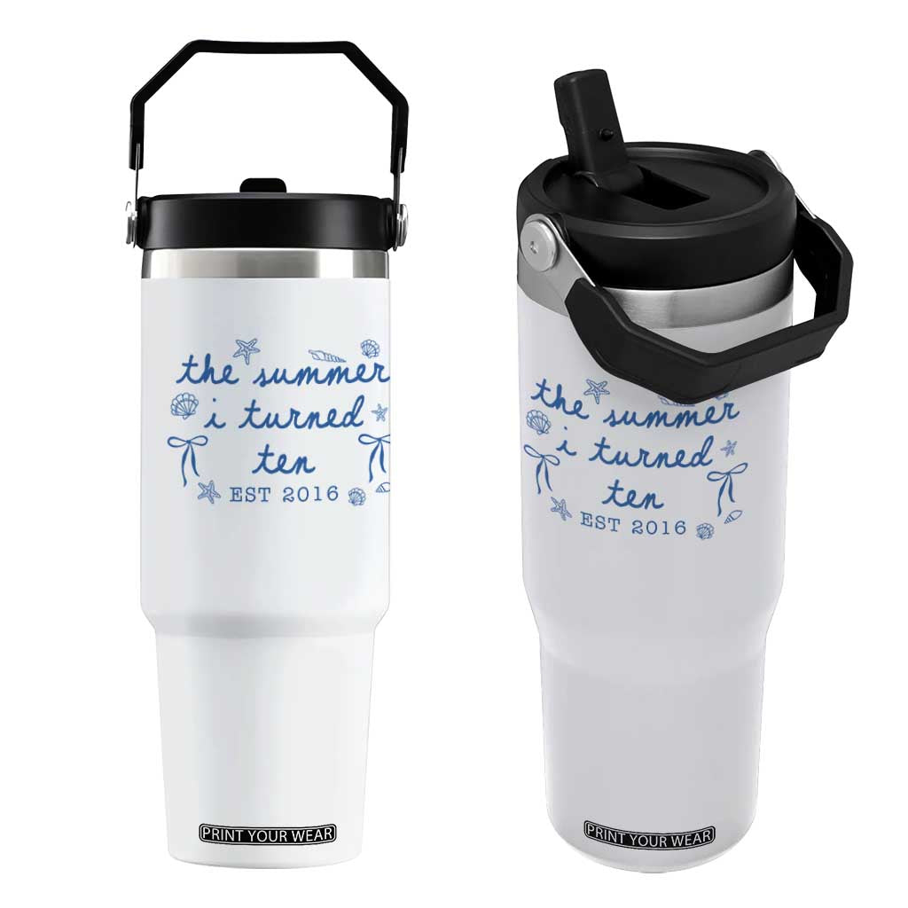 The Summer I Turned Ten Funny 10th Birthday Est 2016 Flip Straw Tumbler Summer Coastal Birthday Seashell Bow